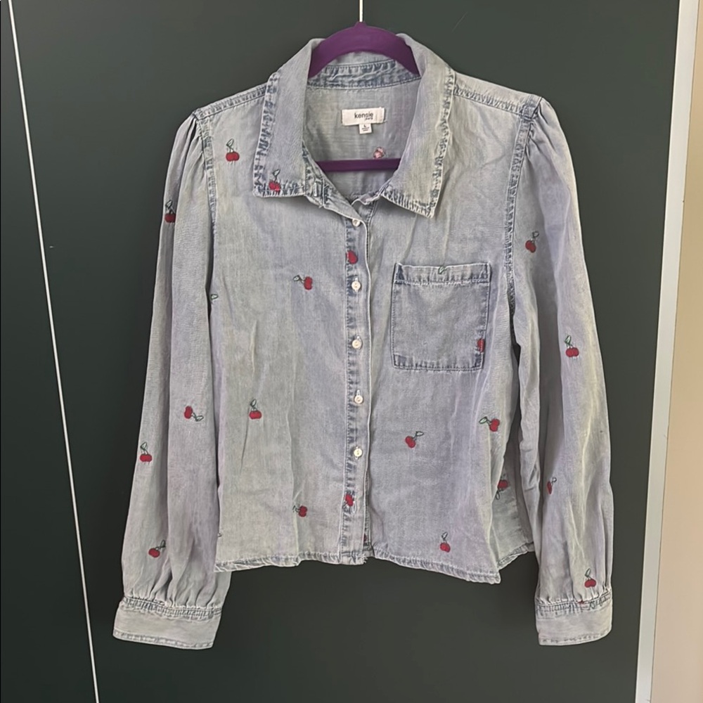 Kensie Light Blue Denim Shirt with Cherry Embroidery